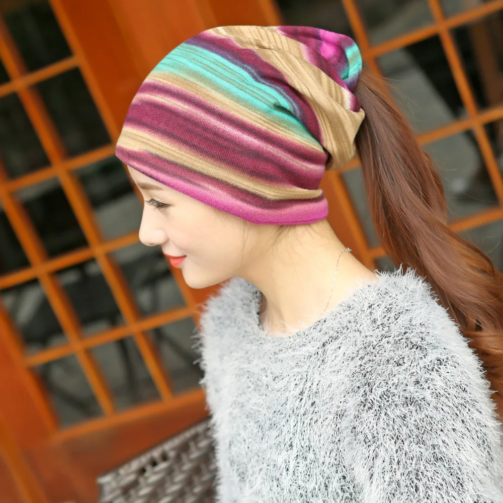 Winter Hip-Hop Hat &ampScarf Multifunction Women Knitted Lady Skullies Piles Striped Cap Fashion Beanies For | Аксессуары для