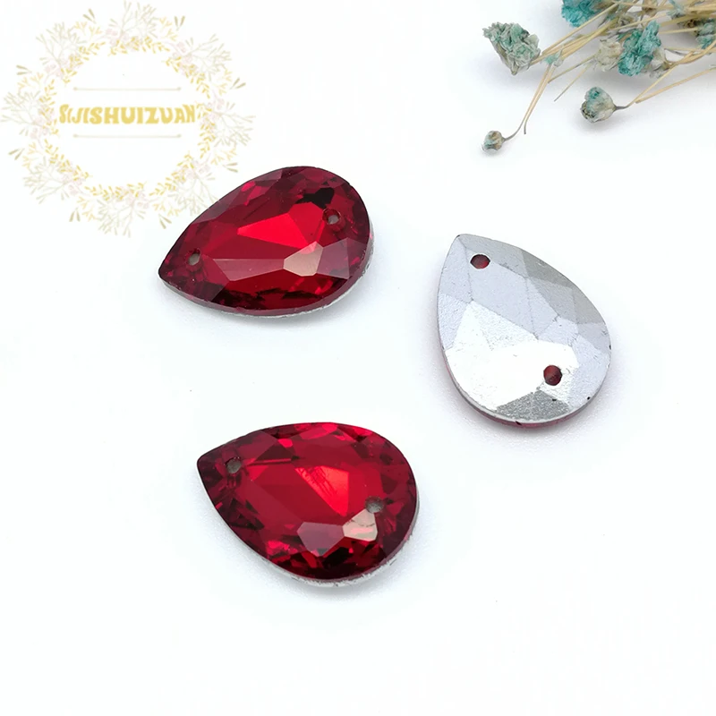 Красная капля воды двойное отверстие из хрустального стекла для пошива Стразы с