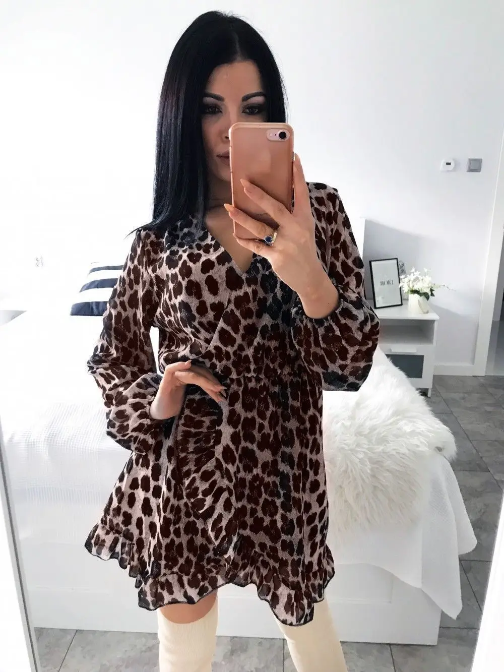 Леопардовое женское платье с v-образным вырезом новое оборкой летнее сексуальное