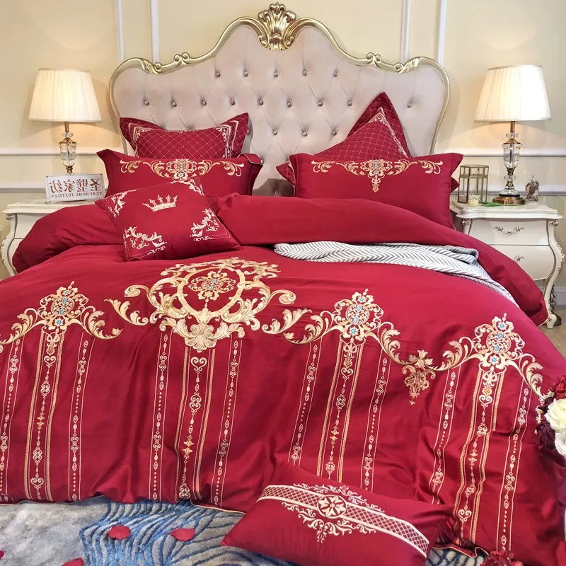 

Роскошный белый золотой 100S Египетский хлопок красный свадебный комплект постельного белья Королева Король размер пододеяльник простыня н...