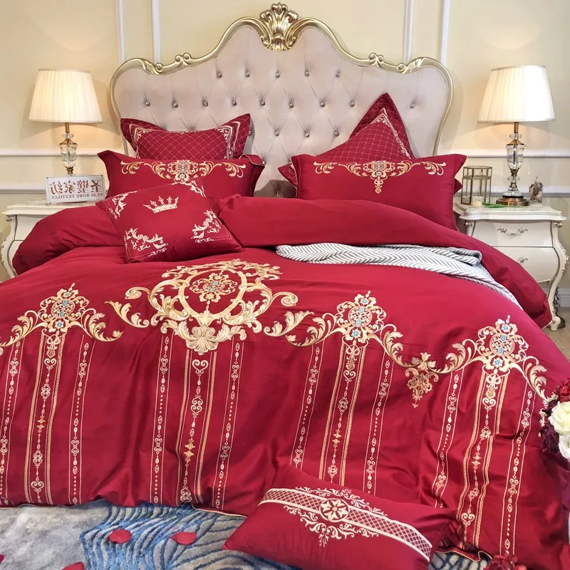 Роскошный белый золотой 100S Египетский хлопок красный свадебный комплект