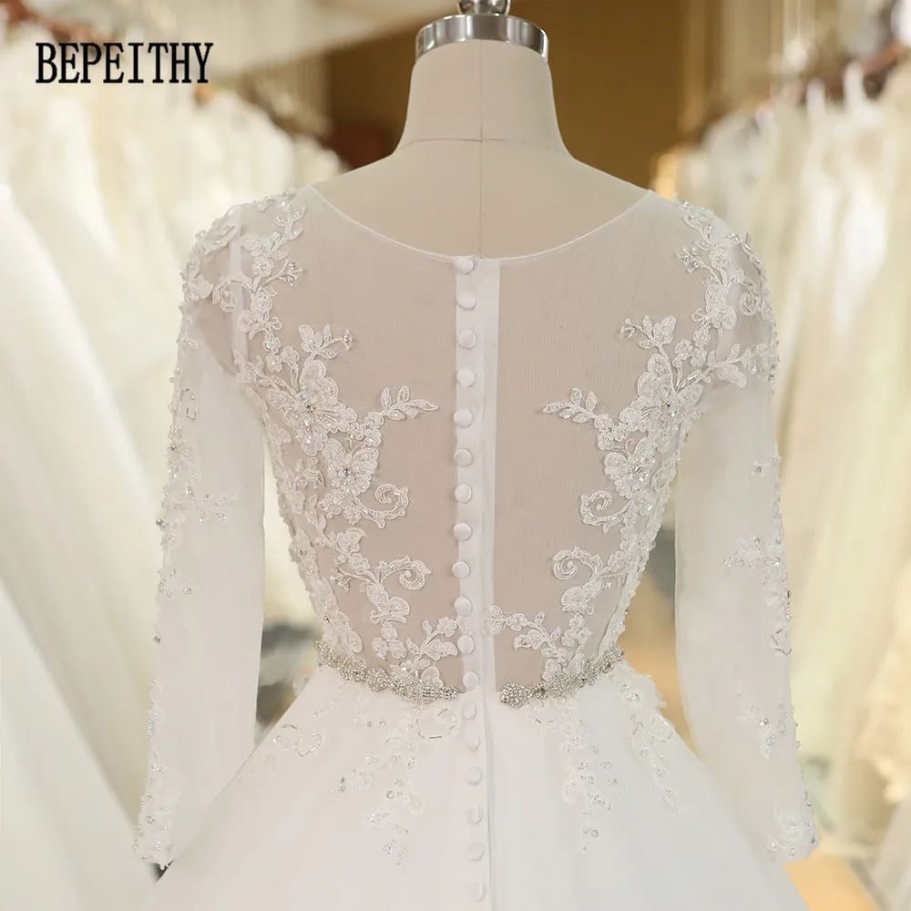 

BEPEITHY Real Photo Robe De Mariage Ball Gown Appliques Lace Crystal Belt Long Sleeve Wedding Dress Vestido De Novia 2019