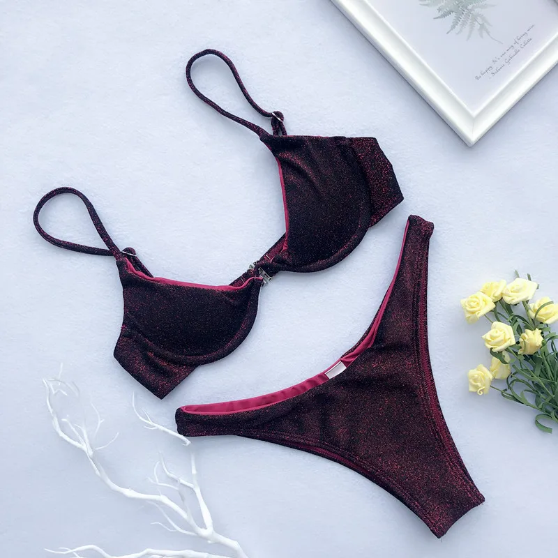 Купальник пуш ап Женский бикини на косточках 2019 микро купальник блестящий для