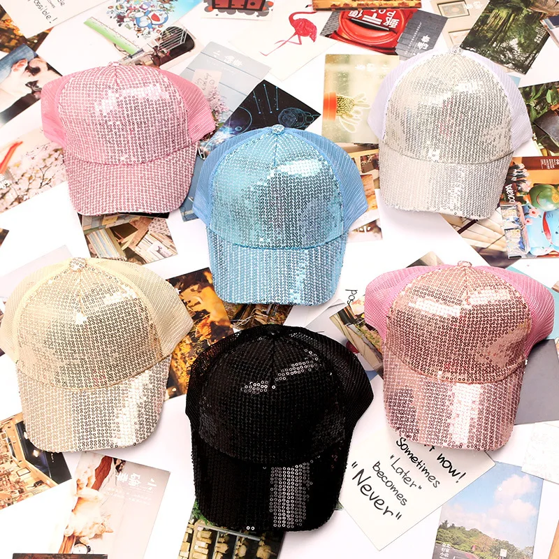 Летняя спортивная шапка Девочки Мальчики Бейсбол Кепки Блестки Bling Hinning сетки бейсболка с возможностью регулировки размера дети Повседневное хип-хоп Кепки LD110