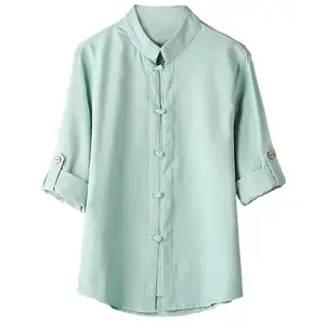 Мужская классическая рубашка в китайском стиле кунг-фу, мужские Модные топы, костюм Тан, льняная однотонная блузка с рукавом 34, большие размеры 4XL, зеленый цвет, 2019