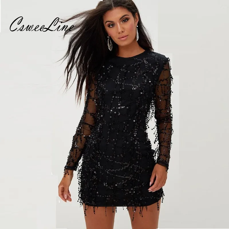Черное Сетчатое платье с бахромой и блестками женское осеннее мини-платье