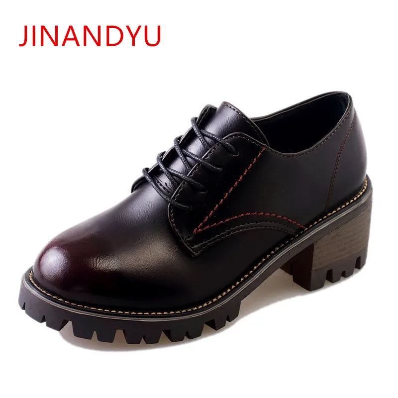 

2018 Autumn women Black Thick Heels platform sneakers shoes Lace Up Leather dress work shoes ladies Oxford Shoes For Women Pumps