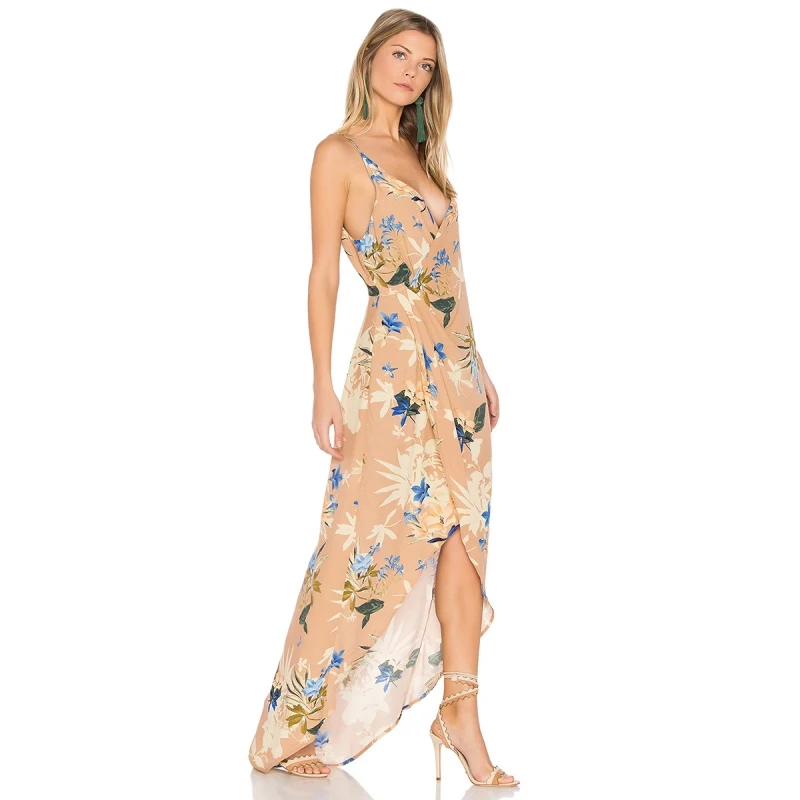 Hodoyi Women Fashion Summer Floral Print Dress vestidos Wrap Slim Maxi Beach V-neck Backless Spaghetti Strap | Женская одежда