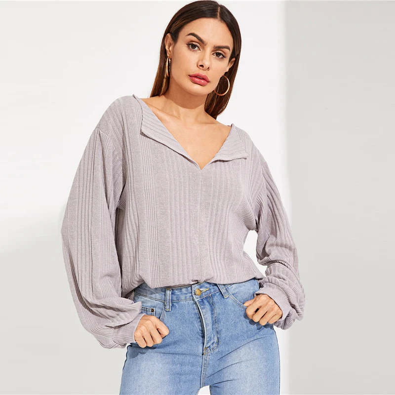 SHEIN Трикотажная Блуза С Глубоким Вырезом, Однотонный Джемпер С Длинным Рукавом