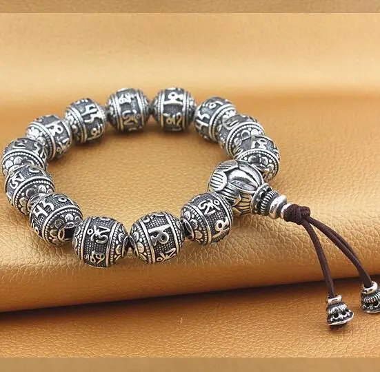 

Handmade 100% 925 Silver Tibetan Six Words Proverb Beads Bracelet Pure Silver Mala Bracelet Buddhist Words Good Luck Bracelet