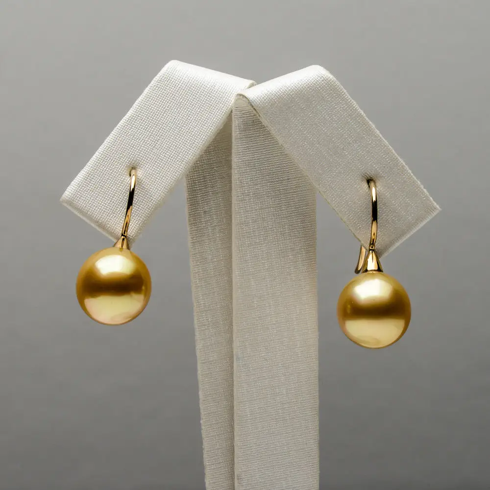 

10-10.5mm Golden Genuine South Sea Pearl Drop Earrings 18k Yellow Gold