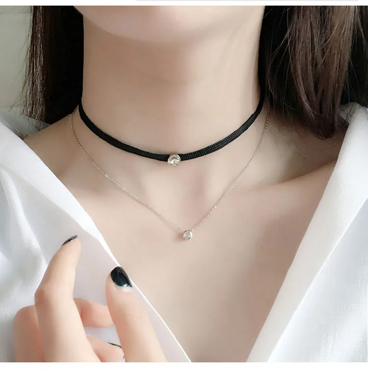

Hot Fashion Double Layer Tiantium Material Cubic Zircon Women Chokers Necklace/Classic Cheap Price Single Crystal Necklace