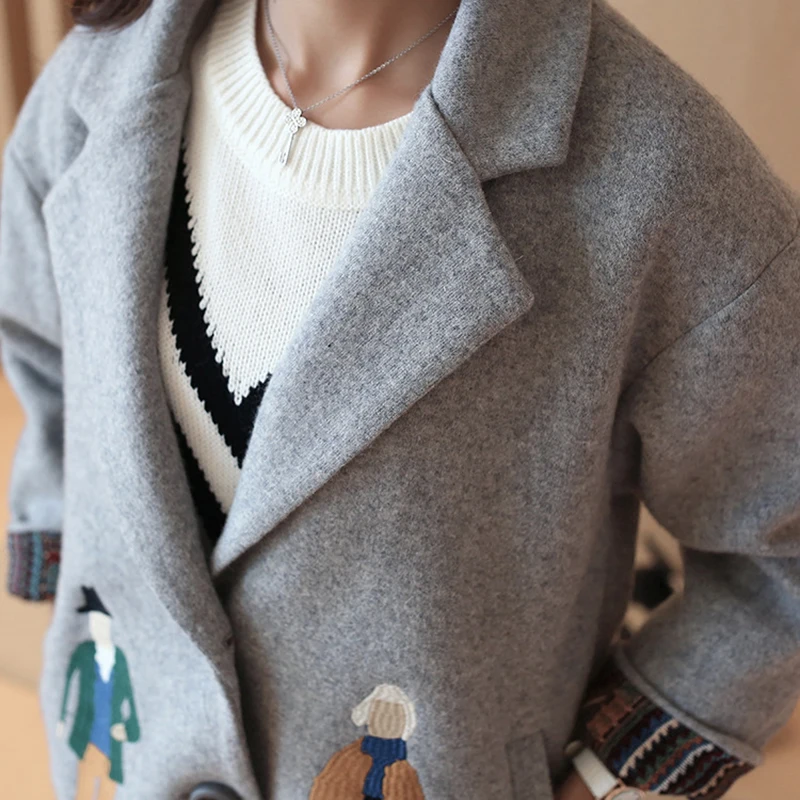 Женское шерстяное пальто серые приталенные с вышивкой кашемировое в европейском