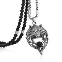 black natural stone bead necklace mens titanium steel tribal wolf biker pendant necklace for men jewelry