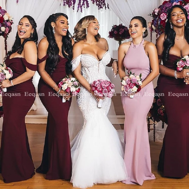 Бордовые тянущиеся атласные платья свидетельницы 2020 сексуальное с плеча под 100