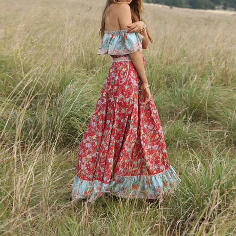 Женское платье модное богемное Платье с принтом женское пляжное макси летнее