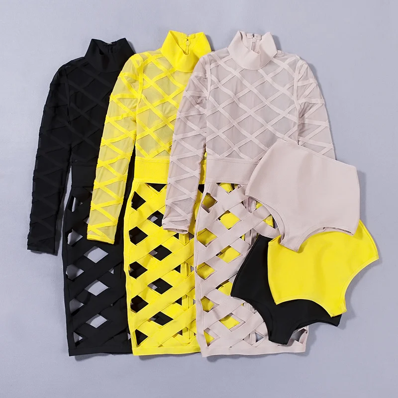 Высокое качество желтый с длинным рукавом сетки выдалбливают 2 шт вискоза ночной