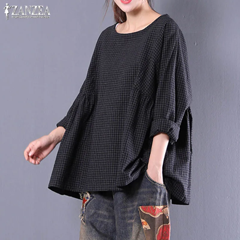 Элегантная женская полосатая блузка, ZANZEA Chemise, Весенняя туника, топы, рубашка с разрезом на пуговицах, Женская Асимметричная рубашка, Vestido OL Blusas