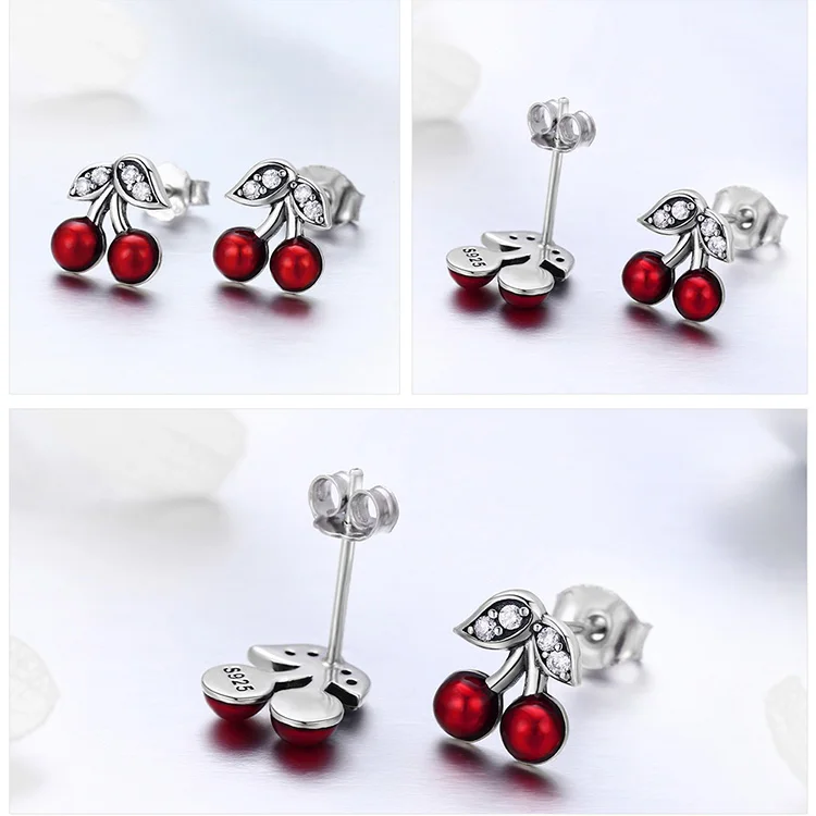 Bijoux, 925 пробы, серебряные, сладкие, красные, вишневые, фрукты, эмалированные серьги-гвоздики для женщин, модные серьги, ювелирные изделия, Brincos ECE404