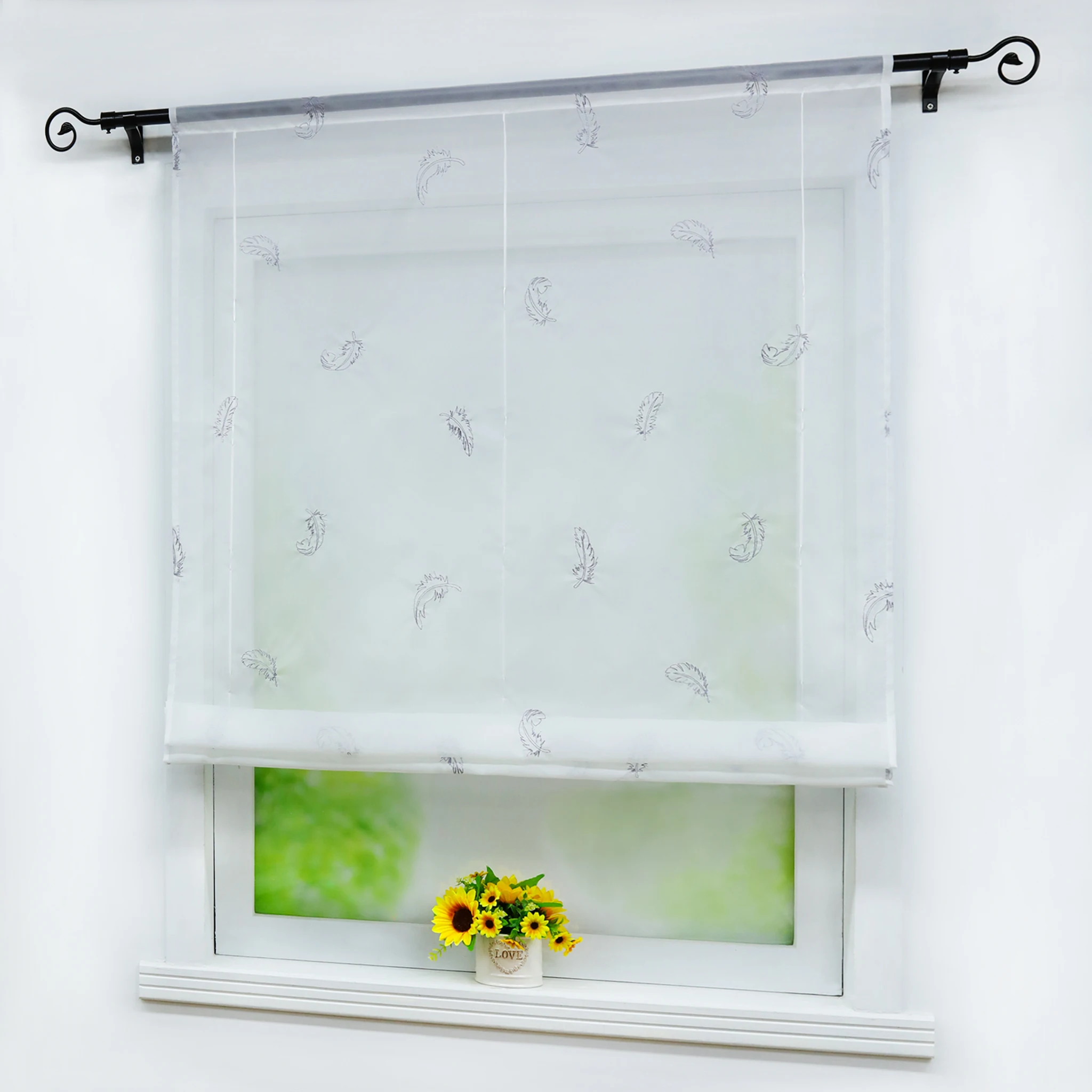 Белая римская занавеска Тюль с вышивкой полузатеняющая Короткая для кухни и
