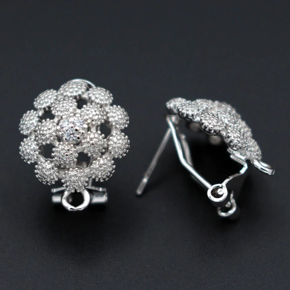 Серьги клипсы с микрозакрепкой филигранные круглые коннекторы фианитом для