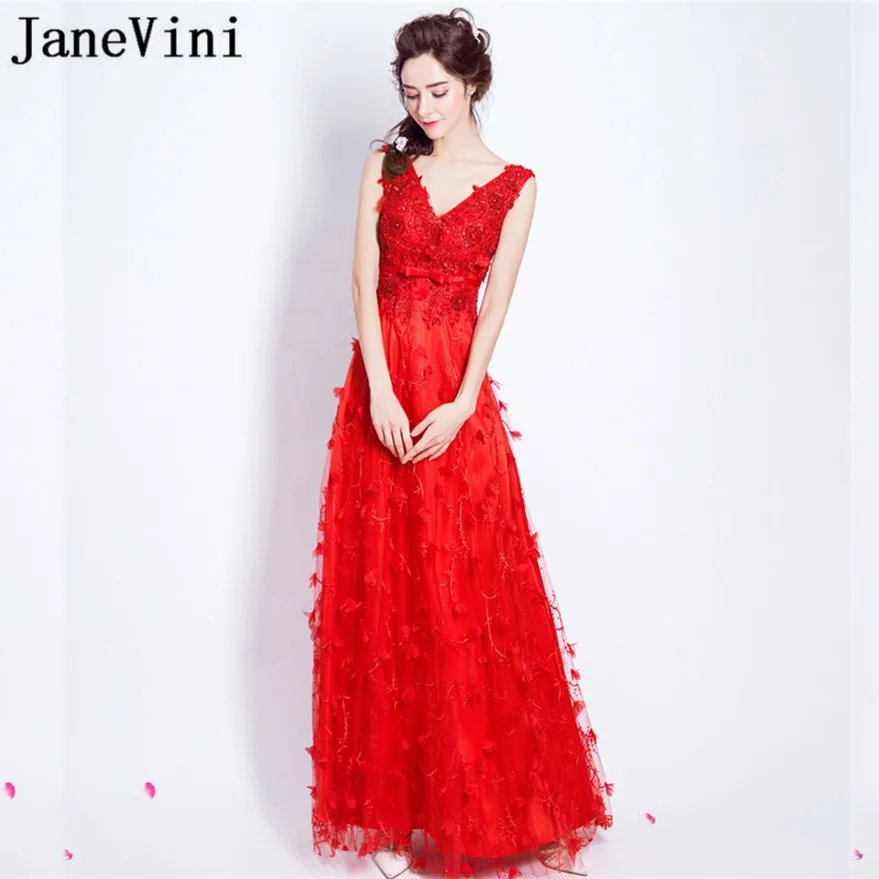 

JaneVini Red Long Gown for Women Beaded 3D Flowers Lace Sequined Bridesmaid Dresses Tulle V-Neck Backless Party Dress Prom 2018