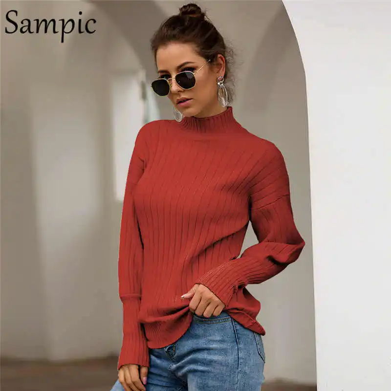 Red coffee Sampic Женский Повседневный желтый вязаный зимний свитер водолазка с длинным рукавом, свитер и пуловеры большого размера - Цвет: Red coffee