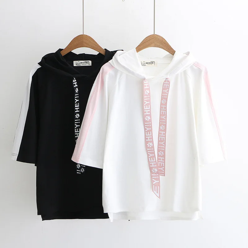 Merry Pretty t shirt women black hooded t-shirt harajuku casual drawstring solid short sleeve cotton top streetwear bbf tshirts | Женская