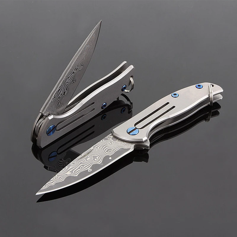 TAC-23 Outdoor titanium alloy knife handle folding field survival Damascus steel key chain fruit | Спорт и развлечения
