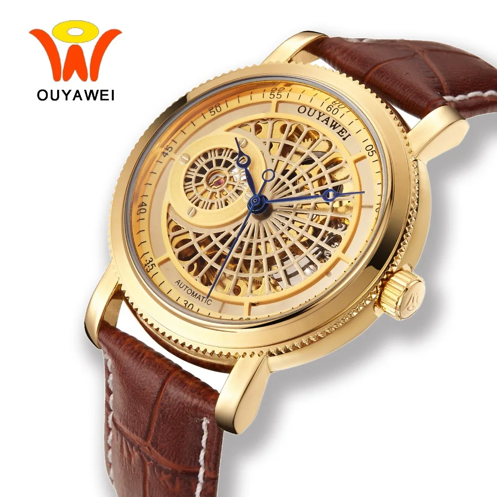 

Ouyawei Skeleton Gold Automatic Self Wind Watch Men 2017 Mechanical Coffee Leather Wrist Watches Relojes Automaticos Hombre