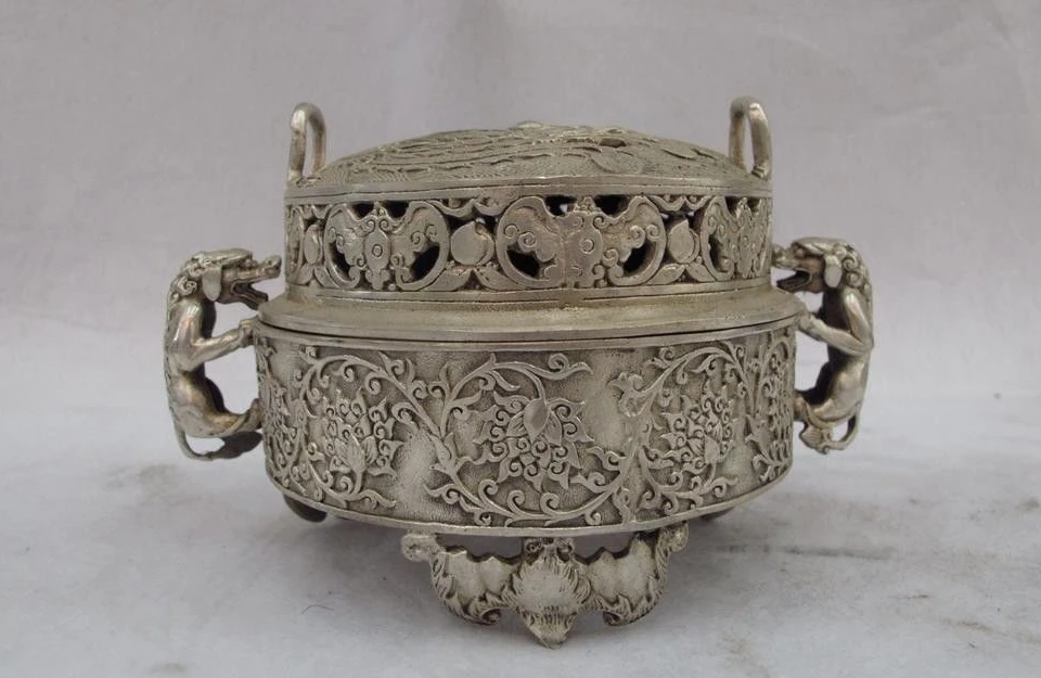 

4 Chinese White Copper Silver Evil Fu Foo Dog Lion beast Censer incense burner