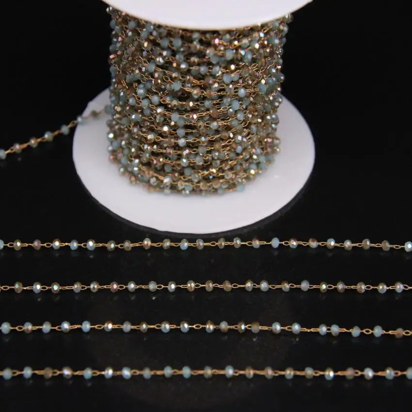 

2x3mm Orange Titanium Blue Glass beads Chain,Faceted Rondelle Link Brass Wire Wrapped Rosary Chain,Women Necklace Jewelry