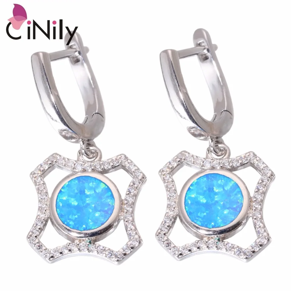 

CiNily Created Blue Fire Opal Cubic Zirconia Silver Plated Wholesale for Women Jewelry Drop Earrings 1 1/8" OH4456