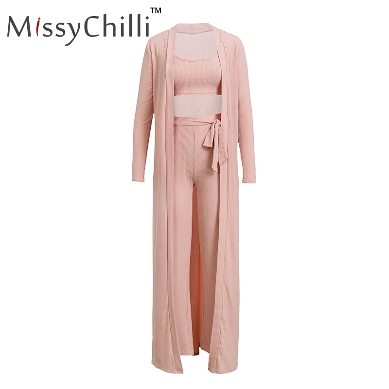 MissyChilli серый костюм из 3 предметов, сексуальный комбинезон с поясом, женские вязаные комбинезоны с широкими штанинами, облегающий женский комбинезон, длинный комбинезон - Цвет: Розовый