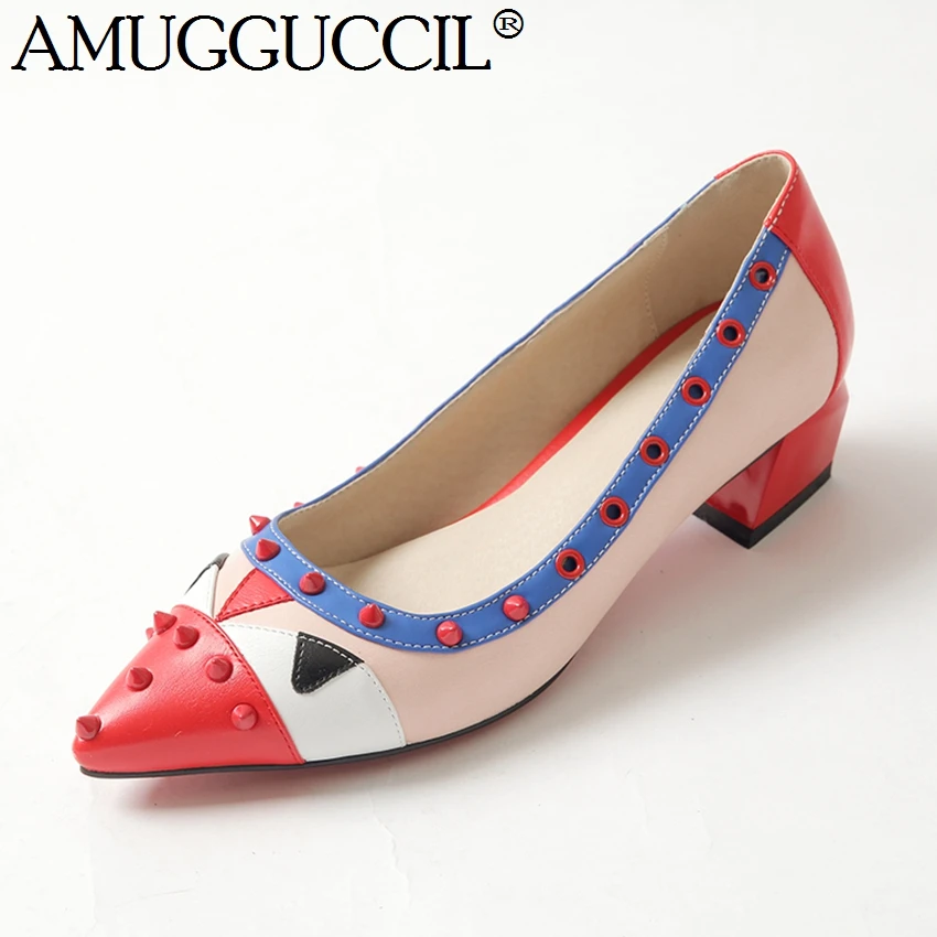 Модные женские туфли-лодочки с заклепками на среднем каблуке цвет желтый красный