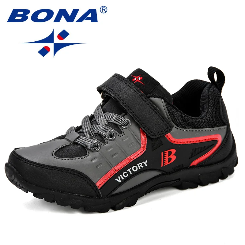 Black red BONA/ дизайн; стильная детская спортивная обувь для мальчиков; сезон весна; амортизирующая подошва; нескользящая Лоскутная дышащая детская обувь; кроссовки для бега - Цвет: Black red