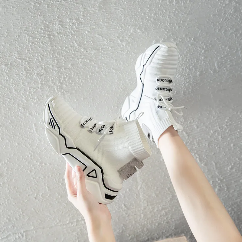 Женские носки ботинки на шнуровке модная обувь платформе ботинки-носки женские