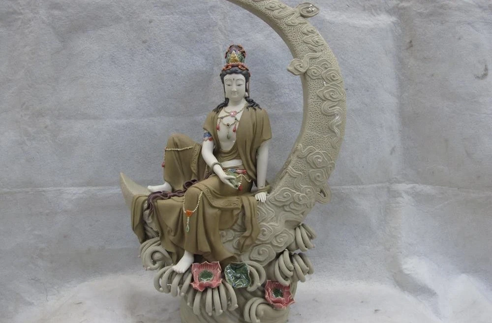 Керамика Wu Cai фарфор сидеть на полумесяц свободный Гуань Инь Бодхисаттва Кван 8