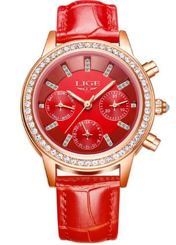 All red Модные женские часы Топ бренд Luxruy LIGE автоматические часы женские водонепроницаемые спортивные часы женские кожаные деловые наручные часы - Цвет: All red