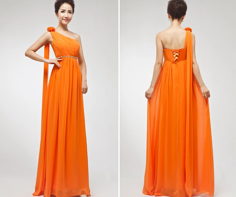 Женское шифоновое платье на одно плечо оранжевое синее желтое длинное