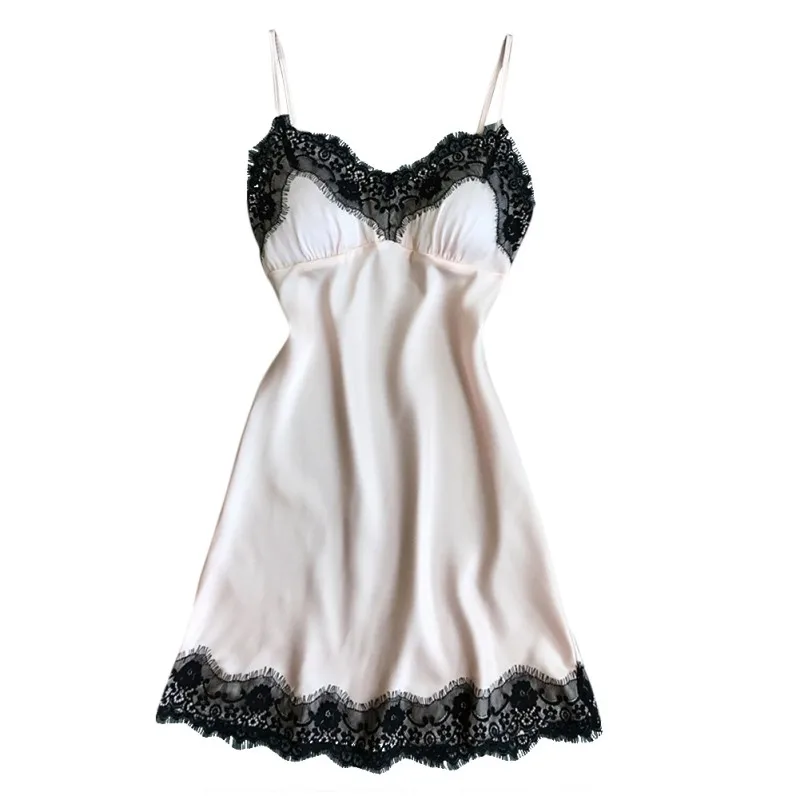 2018 Women Sexy Silk Satin Night Gown Sleeveless Nightdress V-neck Summer Lace Patchwork Nightgowns Sleepwear Dress For | Женская одежда