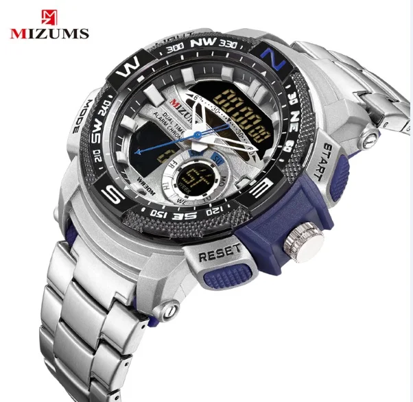 blue Роскошный бренд Mizums часы Мужские кварцевые мужские s наручные часы водонепроницаемые 2 раза будильник электрические цифровые спортивные мужские часы relogios - Цвет: blue