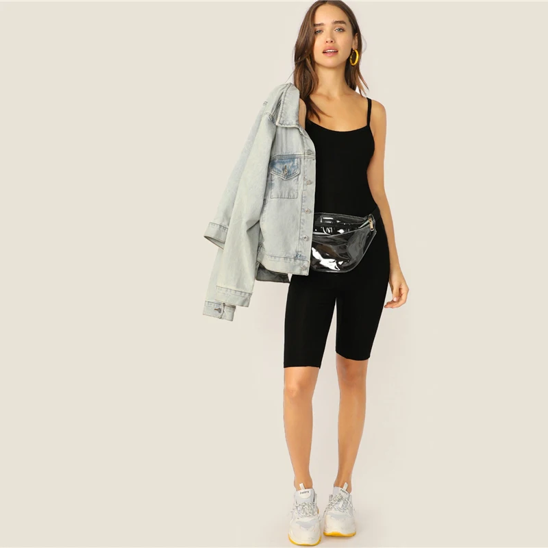 SweatyRocks, однотонный комбинезон на бретельках, женский, черный, пляжный костюм, лето, средняя талия, Облегающий комбинезон, женский короткий комбинезон