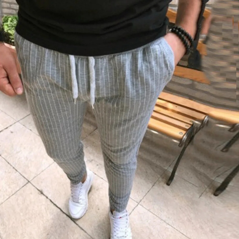 Gray Новые стильные популярные мужские спортивные полосатые штаны для бега, повседневные узкие брюки, брюки на шнурке, высокое качество, распродажа - Цвет: Gray