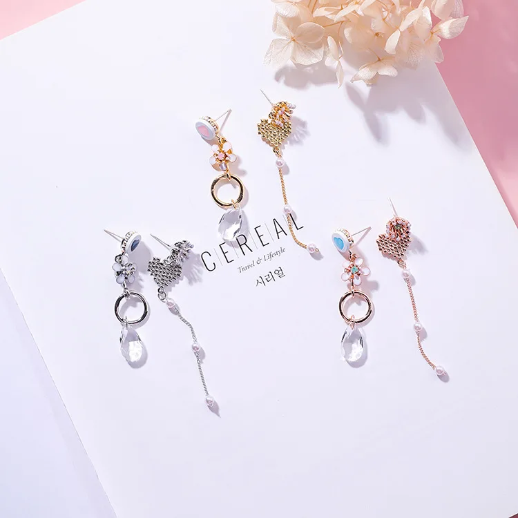 

MENGJIQIAO 2018 Korean New Clear Crystal Enamel Flower Asymmetric Earrings For Women Fashion Jewelry Love Heart Long Pendientes