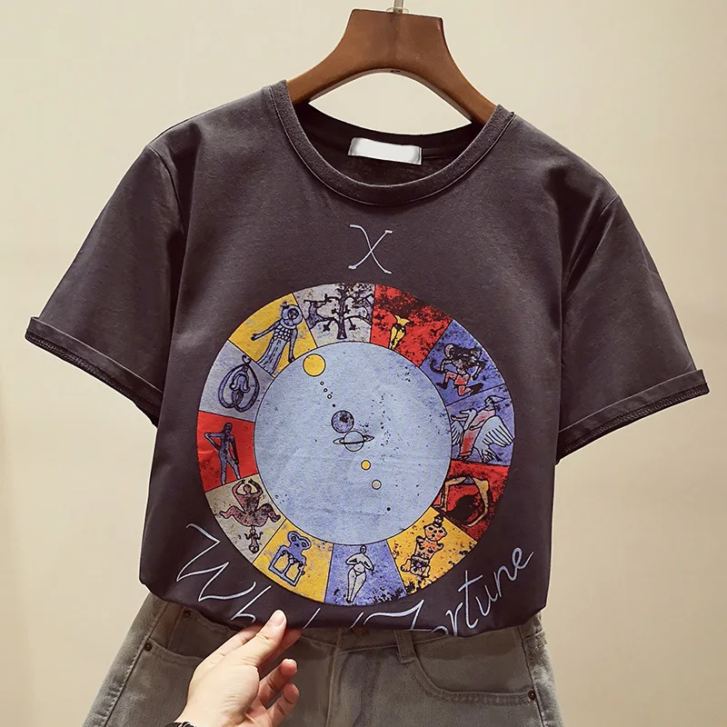 

Zuolunouba Summer Women T Shirt Cartoon Planet Changing Season Print Harajuku Gray O Neck Cotton Tees Tops Female