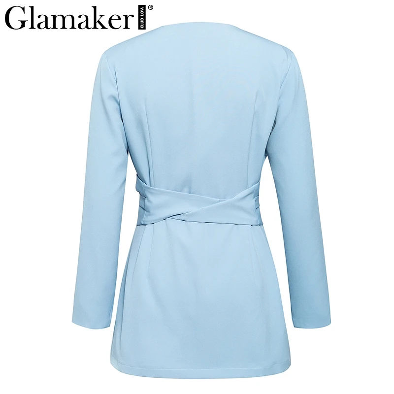 Glamaker, сексуальный, с разрезом, рукав, тонкий, длинный, Блейзер, куртка, для женщин, на шнуровке, пояс, синий, блейзер, платье для женщин, v-образный вырез, Элегантная куртка, Женское пальто