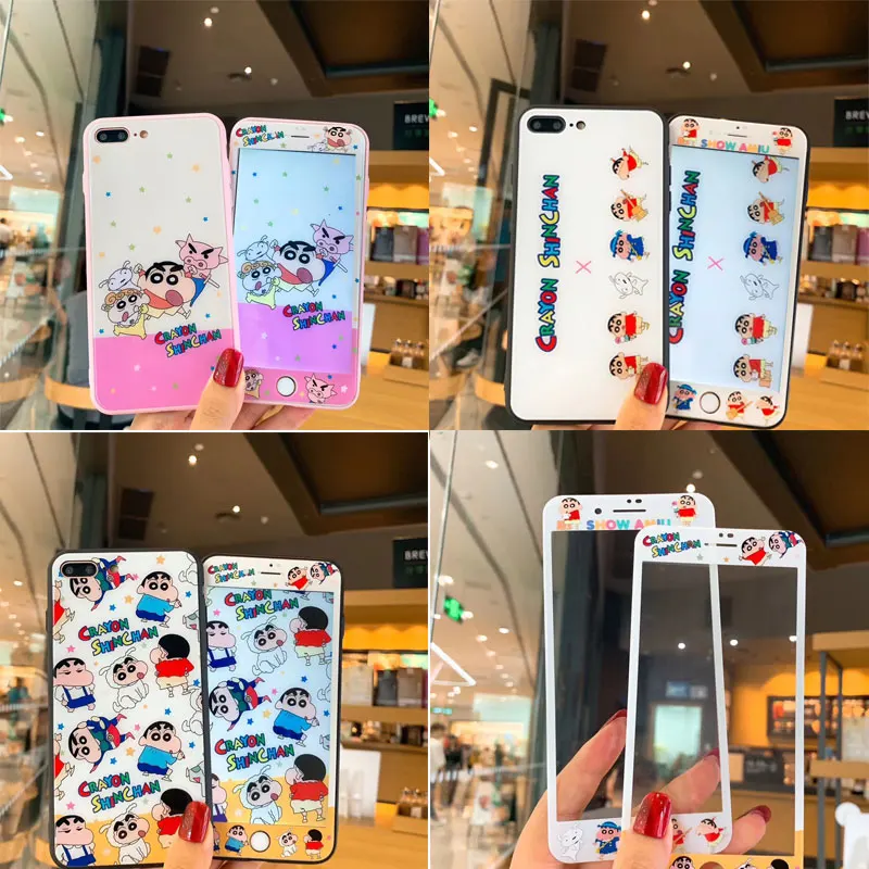 С рисунком из мультфильма Аниме Crayon Shin-chan Стекло задняя крышка для iphone X чехол& Передняя защитная крышка телефона для iphone XR 7 6 S Plus чехол fundas для iphone X