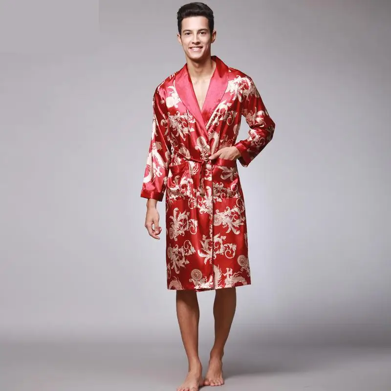Men Red Robe Парные кимоно с принтом дракона халаты мужские черные шелковые атласные ночные рубашки женские кимоно сексуальные ночные рубашки халат пижамы наборы - Цвет: Men Red Robe