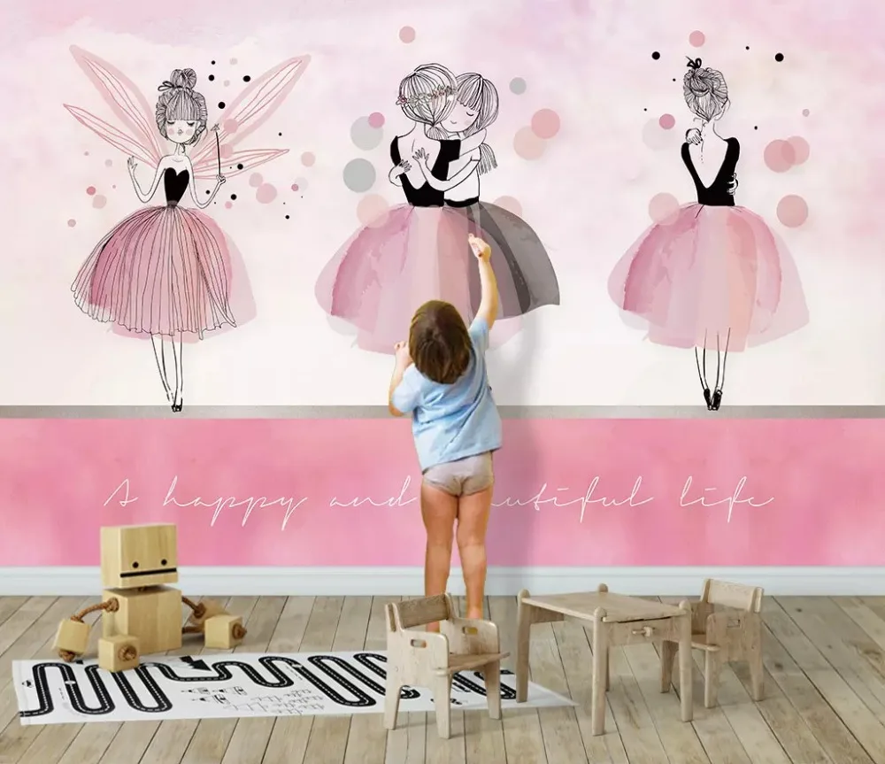 beibehang Custom fashion green three-dimensional Nordic pink ballerina girl children's room background papel de parede wallpaper
